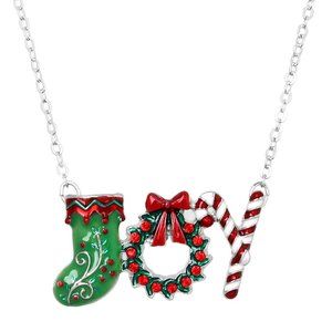 Christmas Necklace Pendant Holiday Crystal JOY Stocking Wreath Candy Cane GREEn